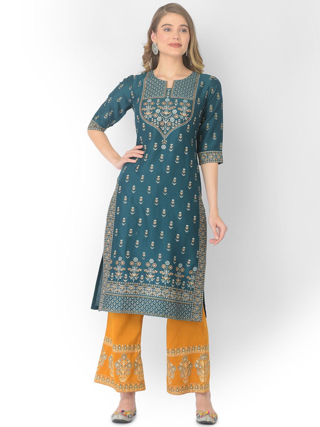 

V TRADITION Women Ethnic Motifs Printed Kurta with Palazzos, Teal