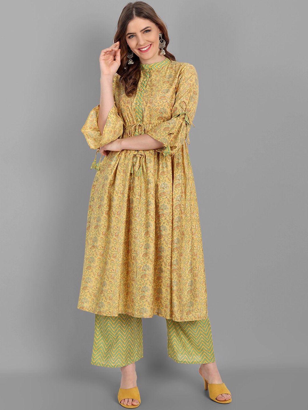 

V TRADITION Women Floral Printed Pleated Gotta Patti Kurta with Trousers, Mustard