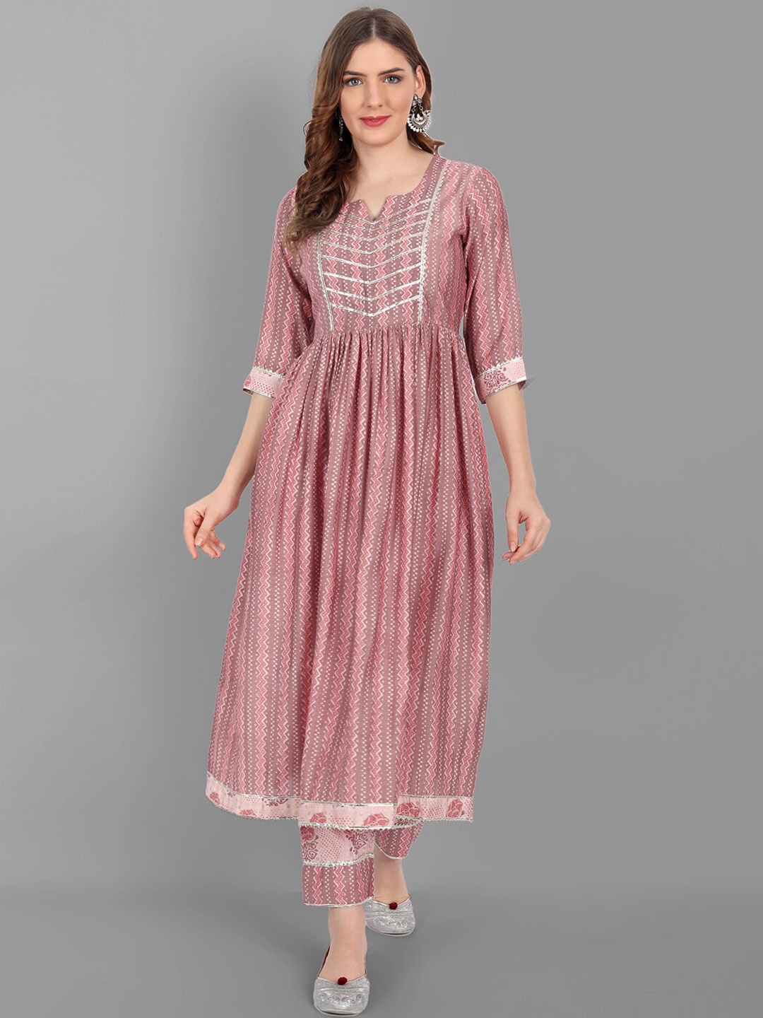 

V TRADITION Women Printed Pleated Kurta with Trousers, Pink