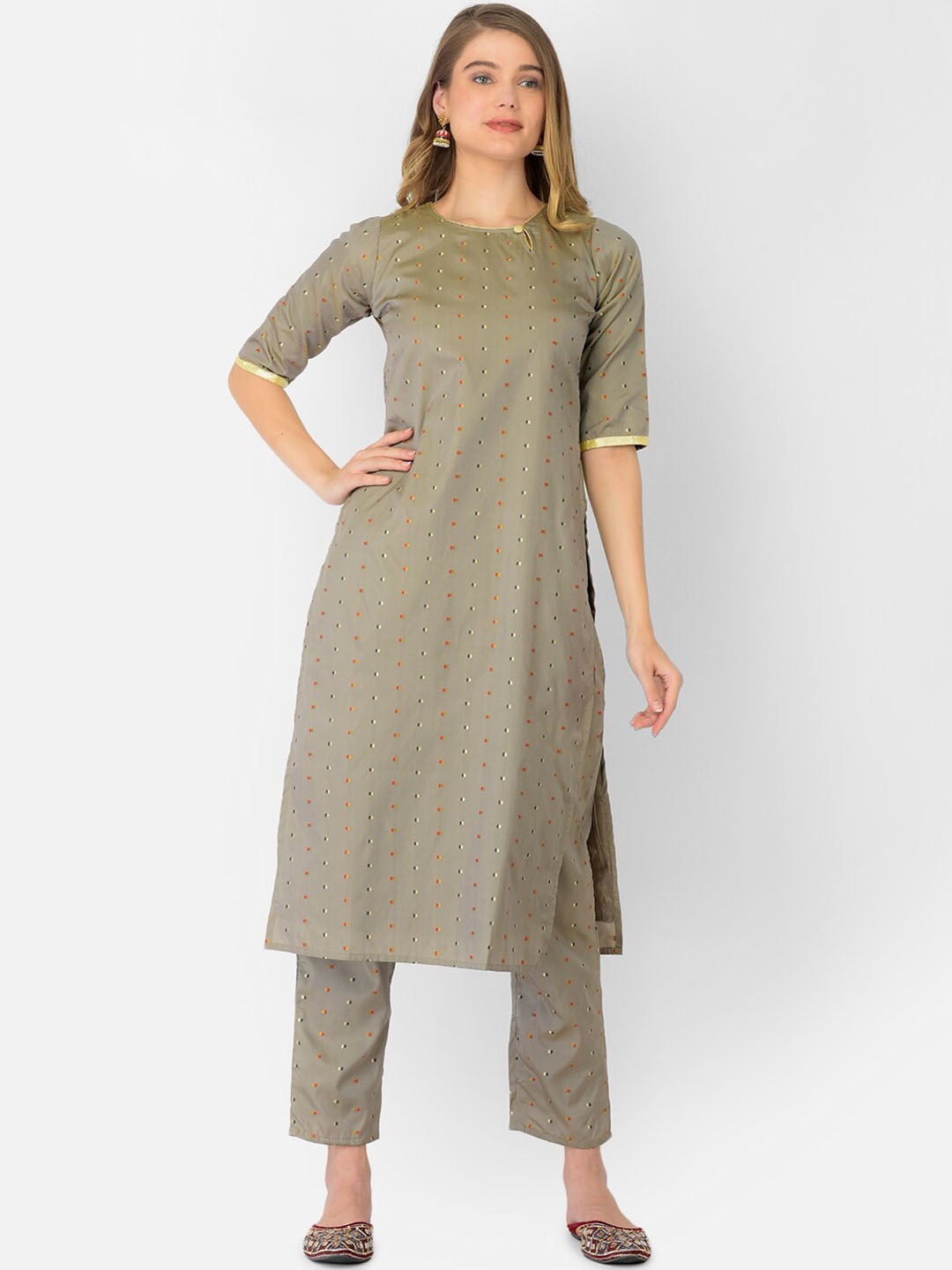 

V TRADITION Women Printed Kurta with Trousers, Grey