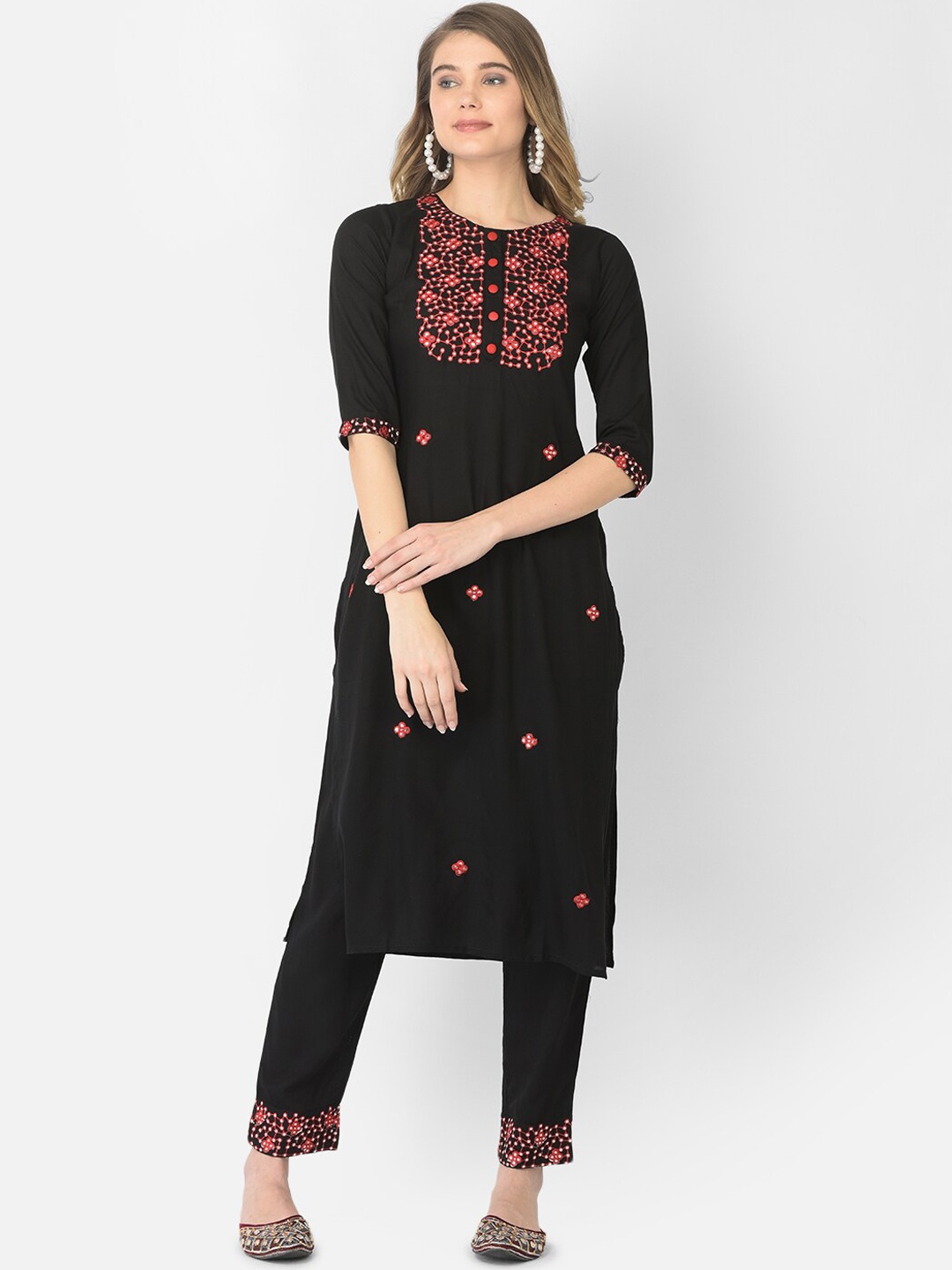 

V TRADITION Women Ethnic Motifs Embroidered Mirror Work Kurta with Trousers, Black