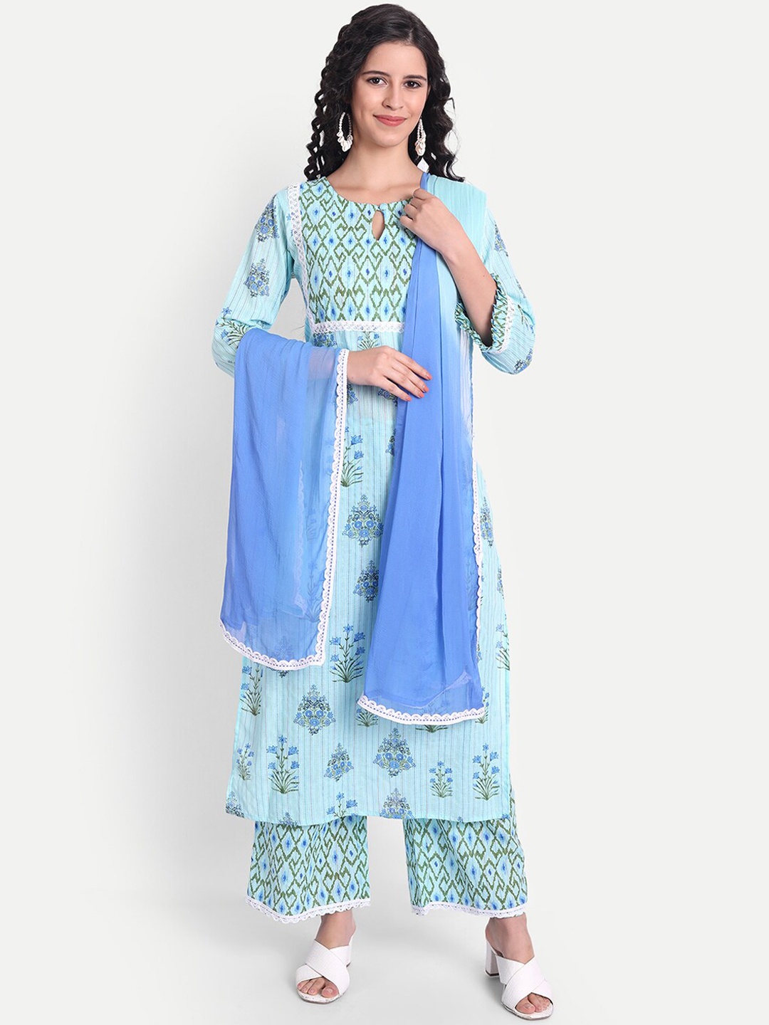 

V TRADITION Women Ethnic Motifs Printed Kurta with Trousers & With Dupatta, Blue
