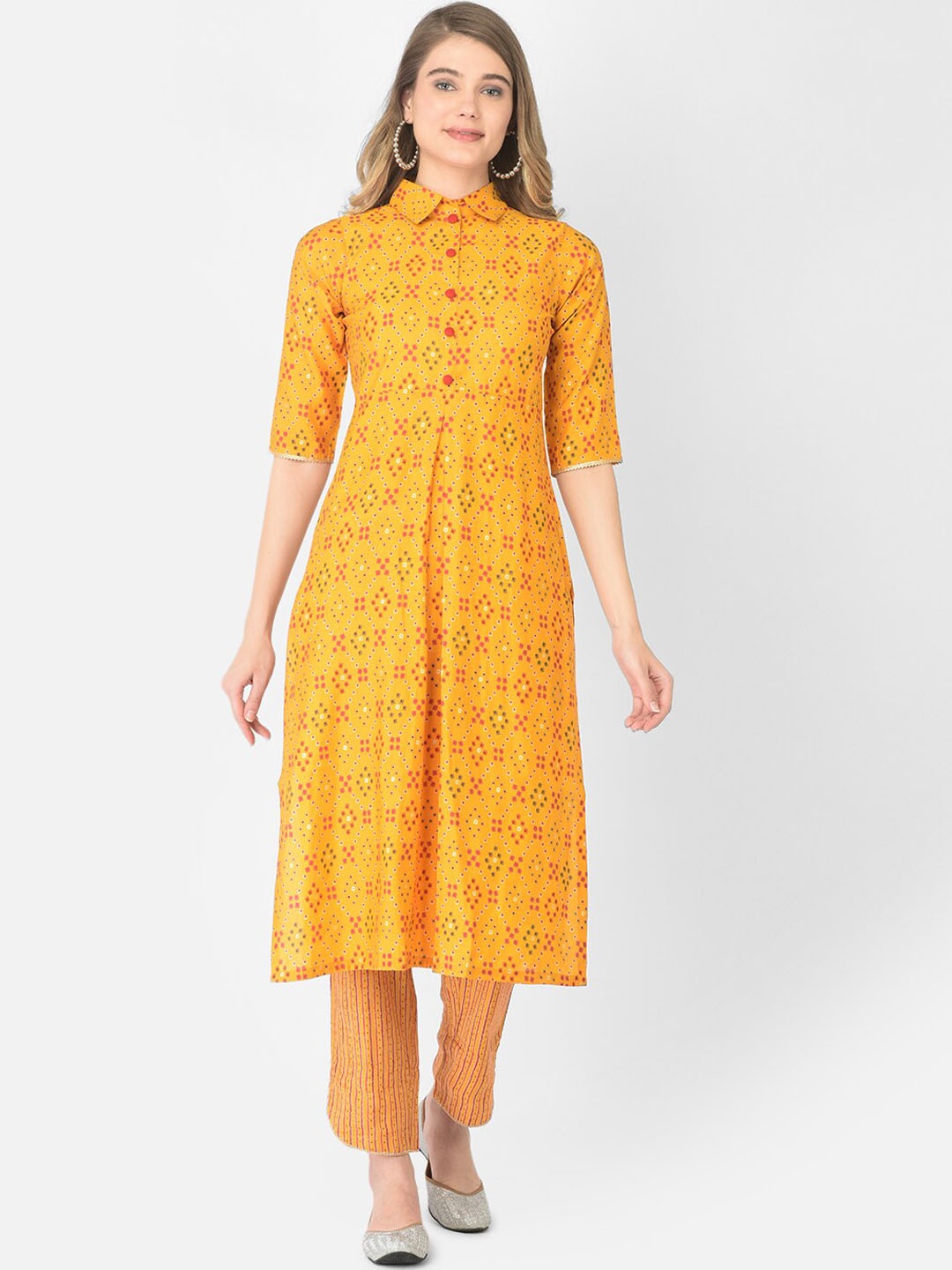 

V TRADITION Women Printed Pleated Kurta with Trousers, Yellow