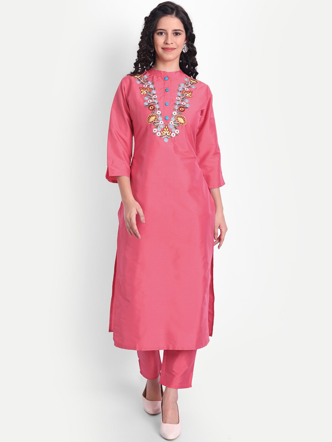 

V TRADITION Women Floral Embroidered Thread Work Kurta with Trousers, Pink