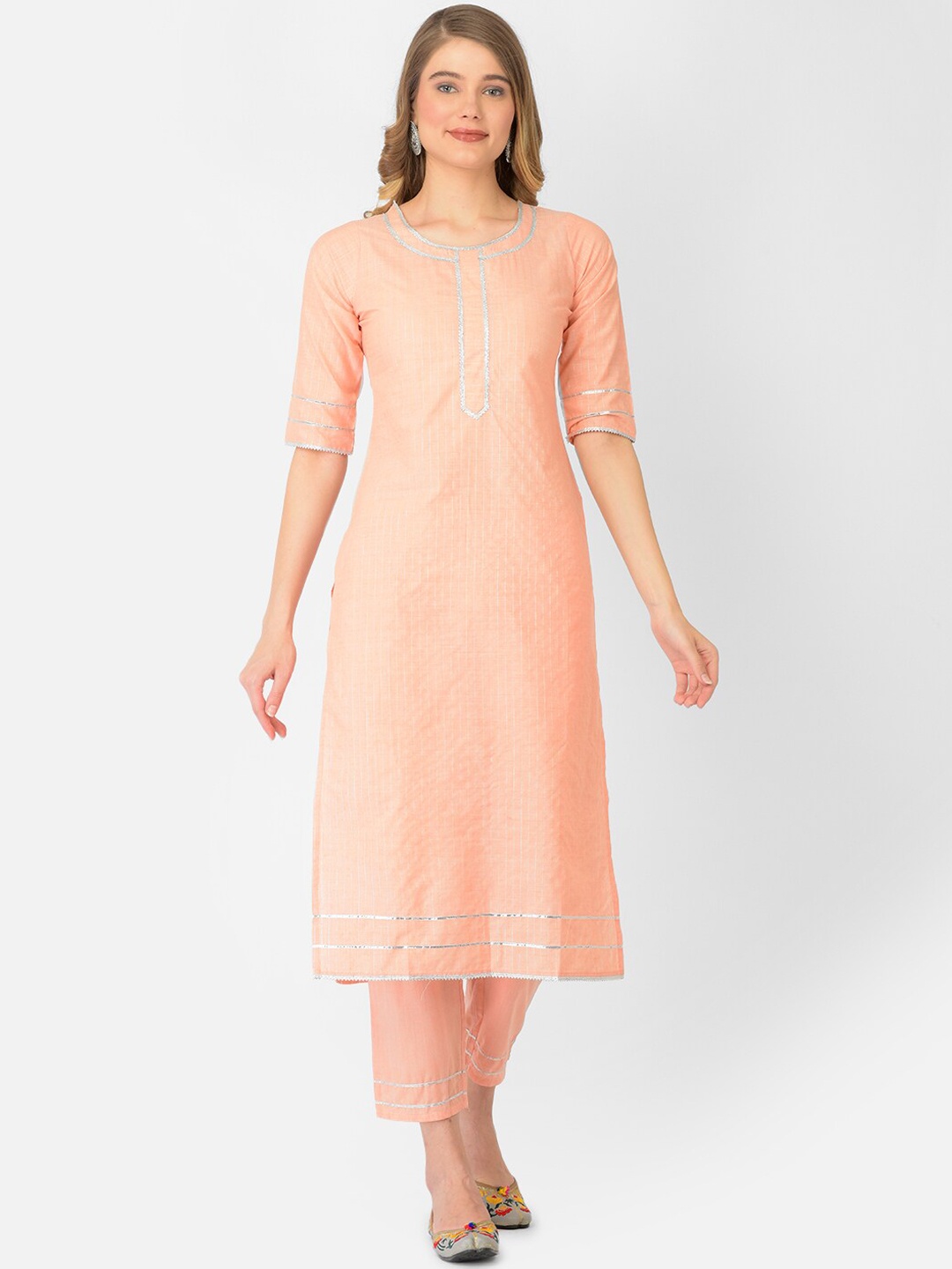 

V TRADITION Women Gotta Patti Kurta with Trousers, Peach