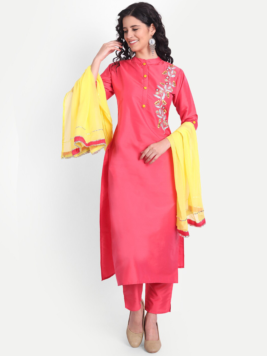 

V TRADITION Women Floral Embroidered Kurta with Trousers & With Dupatta, Pink