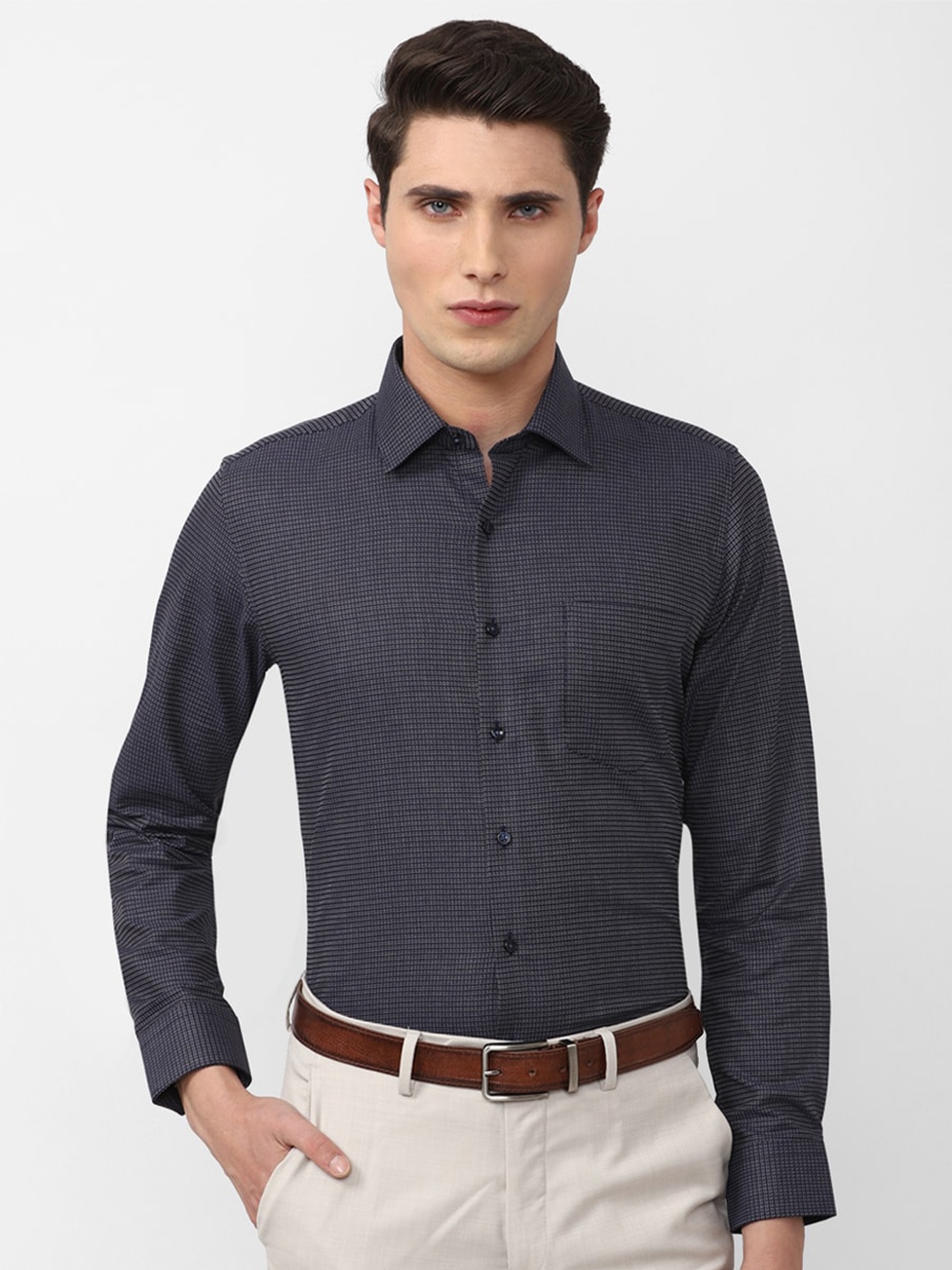 

Van Heusen Men Printed Pure Cotton Slim Fit Formal Shirt, Navy blue
