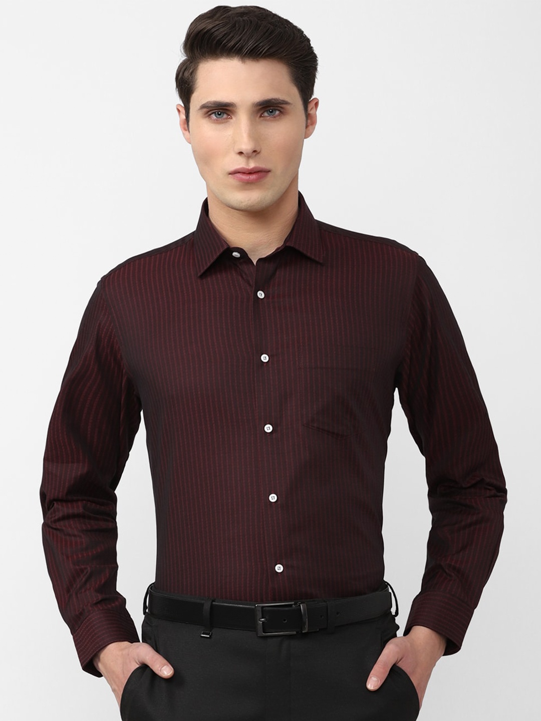 

Van Heusen Men Striped Pure Cotton Formal Shirt, Maroon