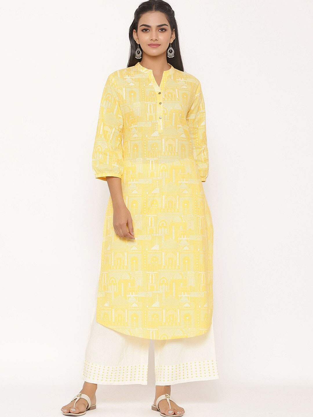 

fabGLOBAL Women Printed Pure Cotton Kurta with Palazzos, Yellow