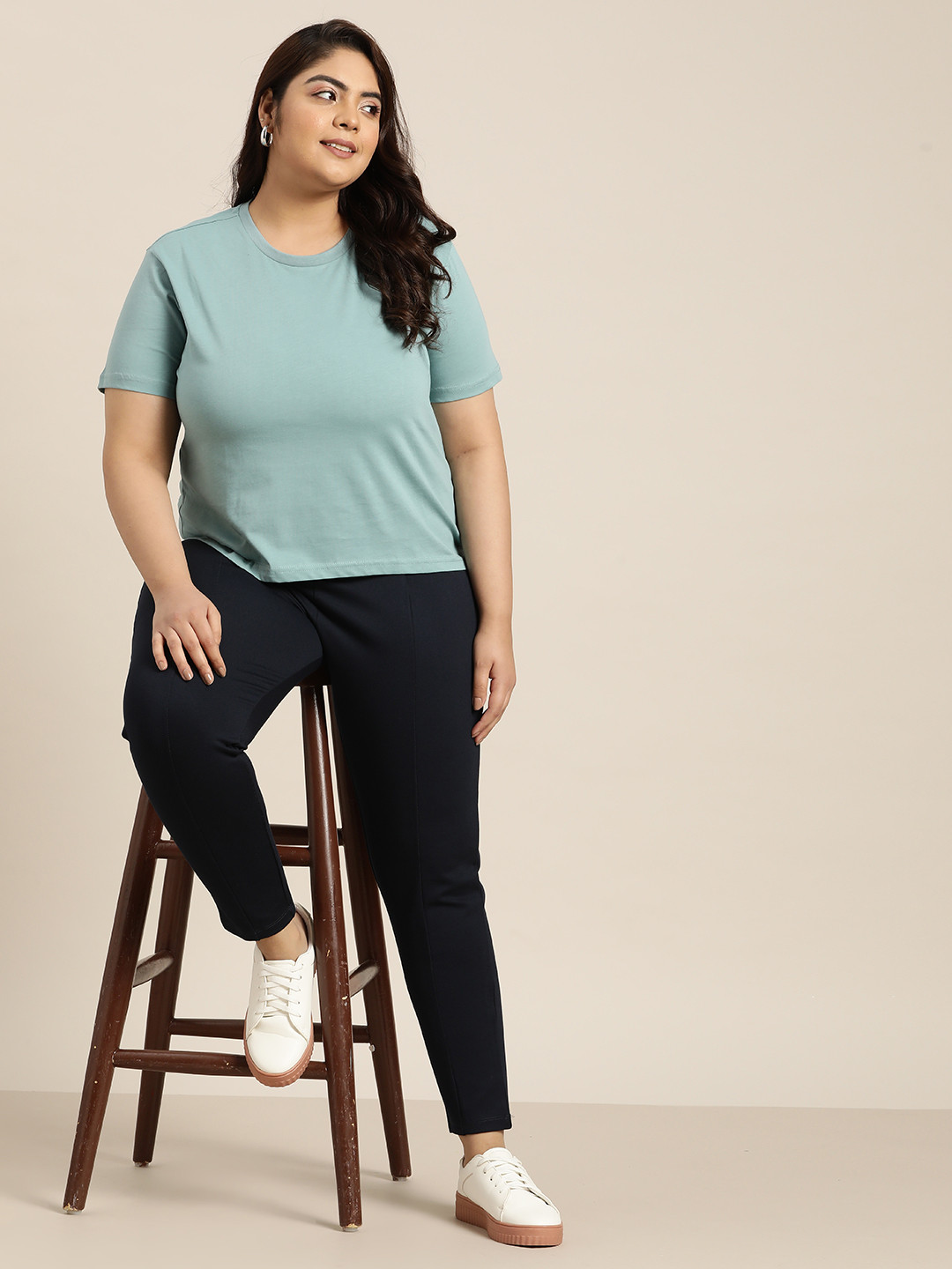 

Sztori Women Plus Size High Waist Solid Treggings, Navy blue