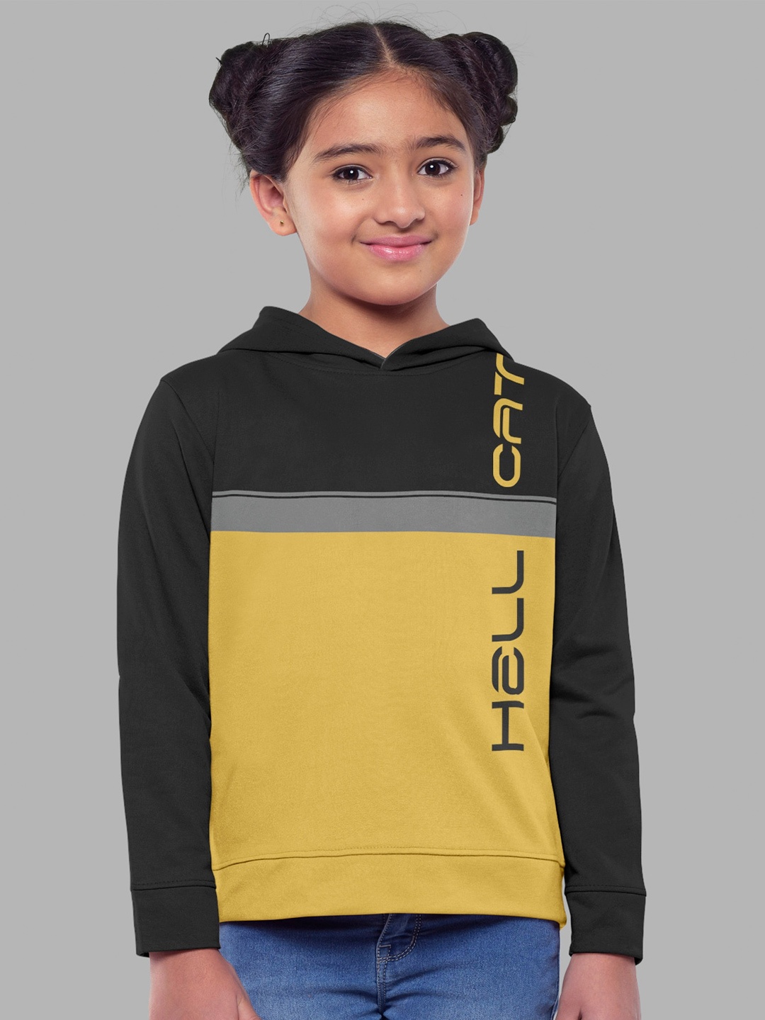 

HELLCAT Girls Yellow Colourblocked Hooded Cotton Sweatshirt
