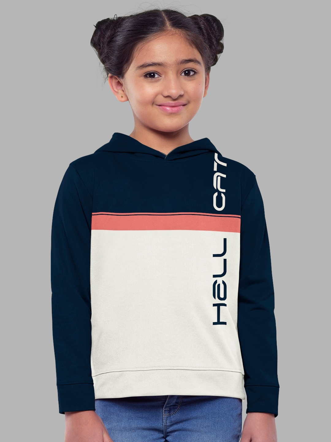 

HELLCAT Girls Navy Blue Colourblocked Hooded Cotton Sweatshirt