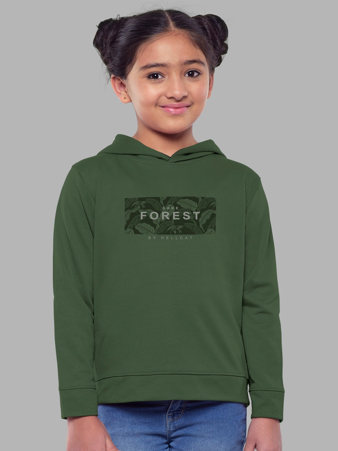 

HELLCAT Girls Printed Hooded Cotton Sweatshirt, Olive