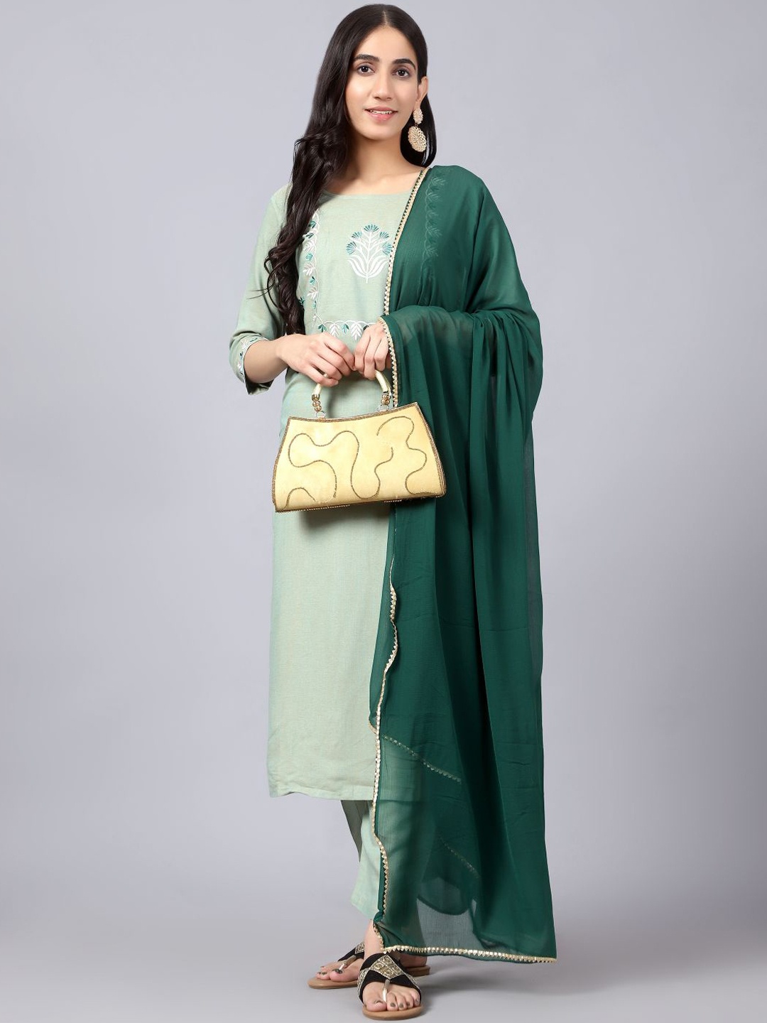 

V TRADITION Women Green Floral Embroidered Kurta with Trousers & Dupatta