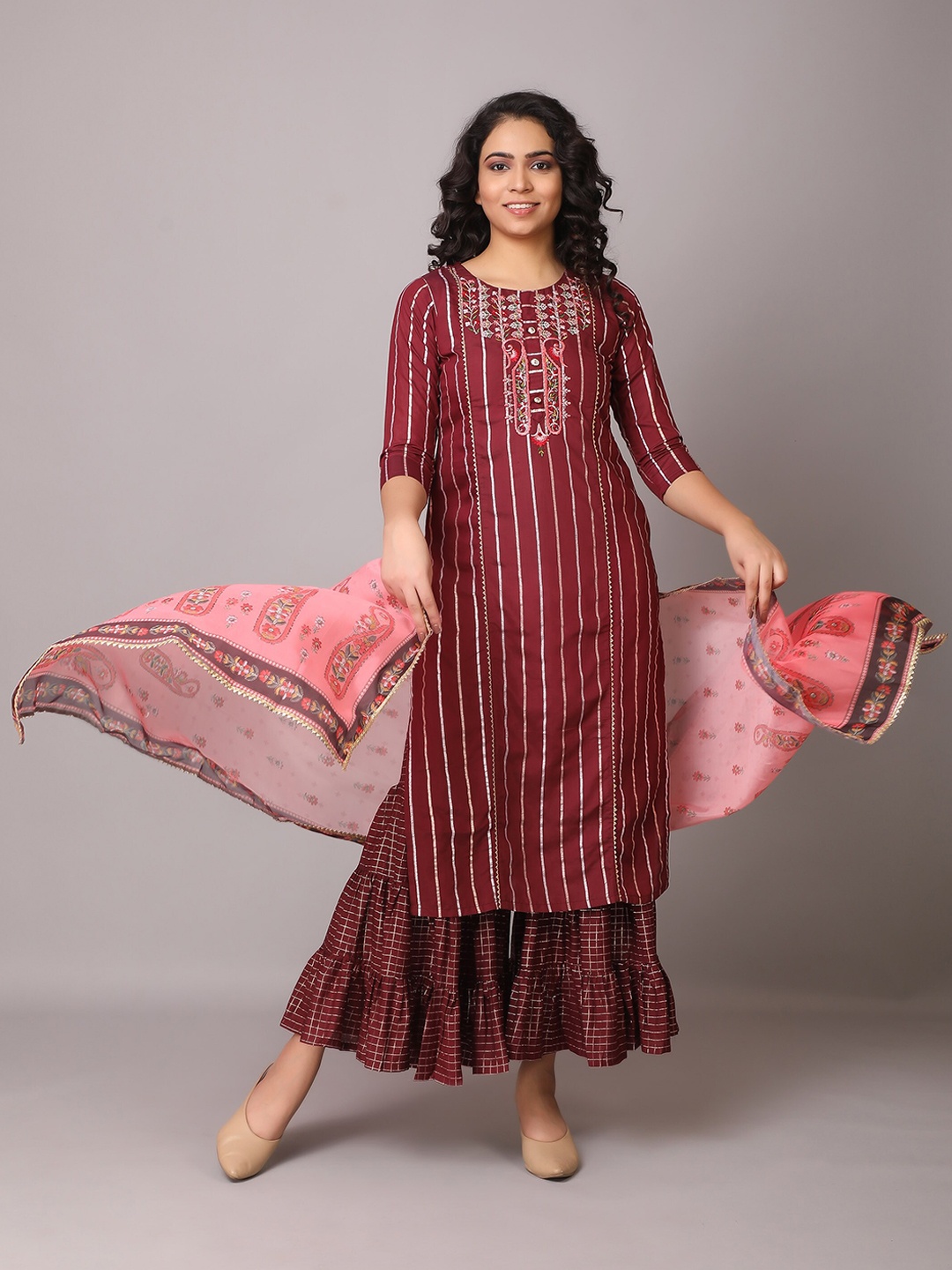 

V TRADITION Women Embroidered Thread Work Kurta with Sharara & Dupatta, Maroon
