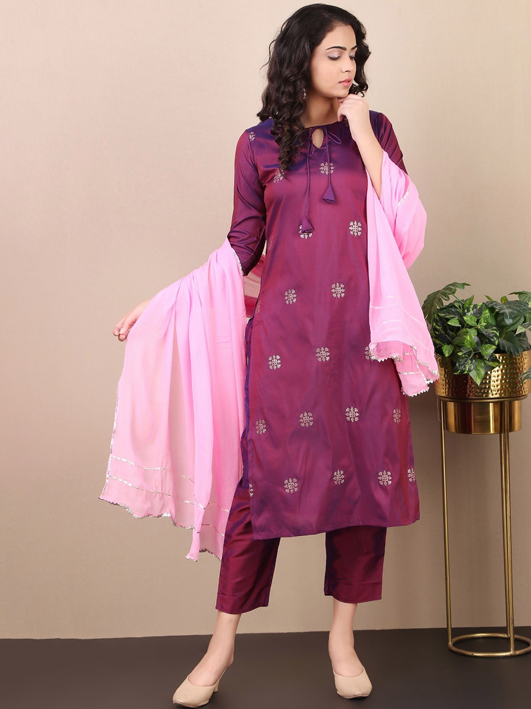 

V TRADITION Women Ethnic Motifs Sequinned Kurta with Trousers & Dupatta, Purple