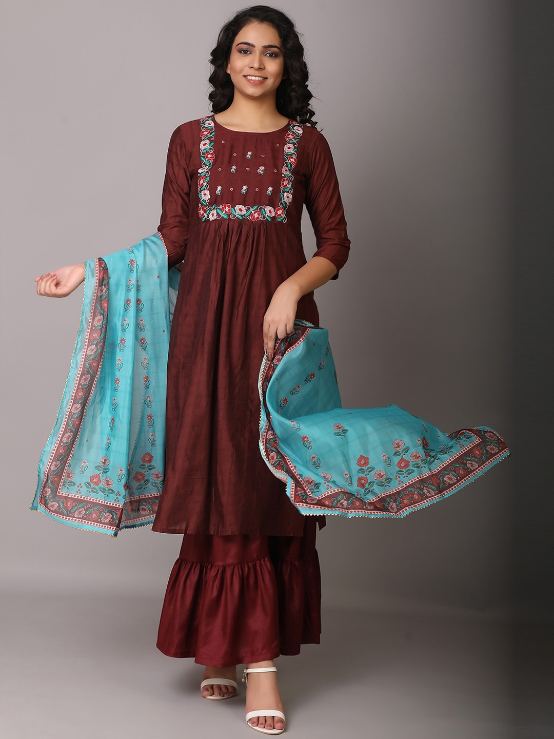 

V TRADITION Women Floral Embroidered Pleated Kurta with Sharara & Dupatta, Maroon