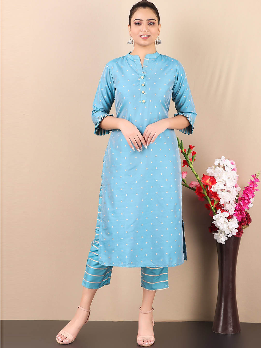 

V TRADITION Women Chanderi Cotton Kurta with Trousers, Blue