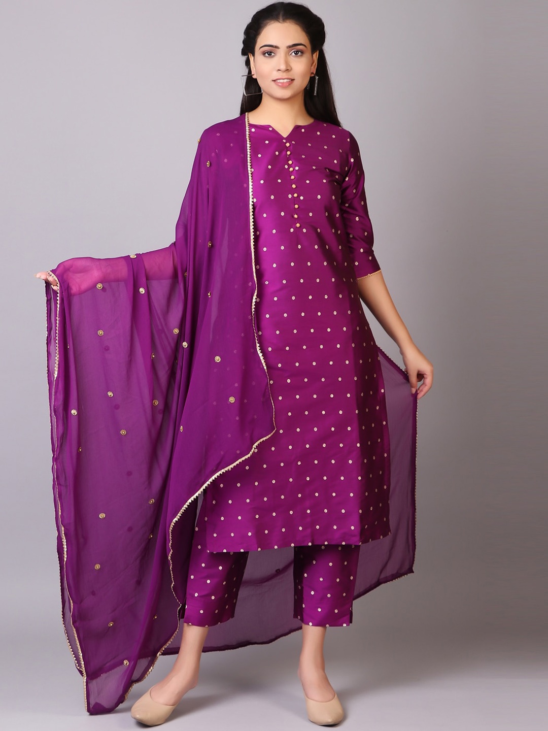 

V TRADITION Women Woven Design Kurta with Trousers & Dupatta, Purple