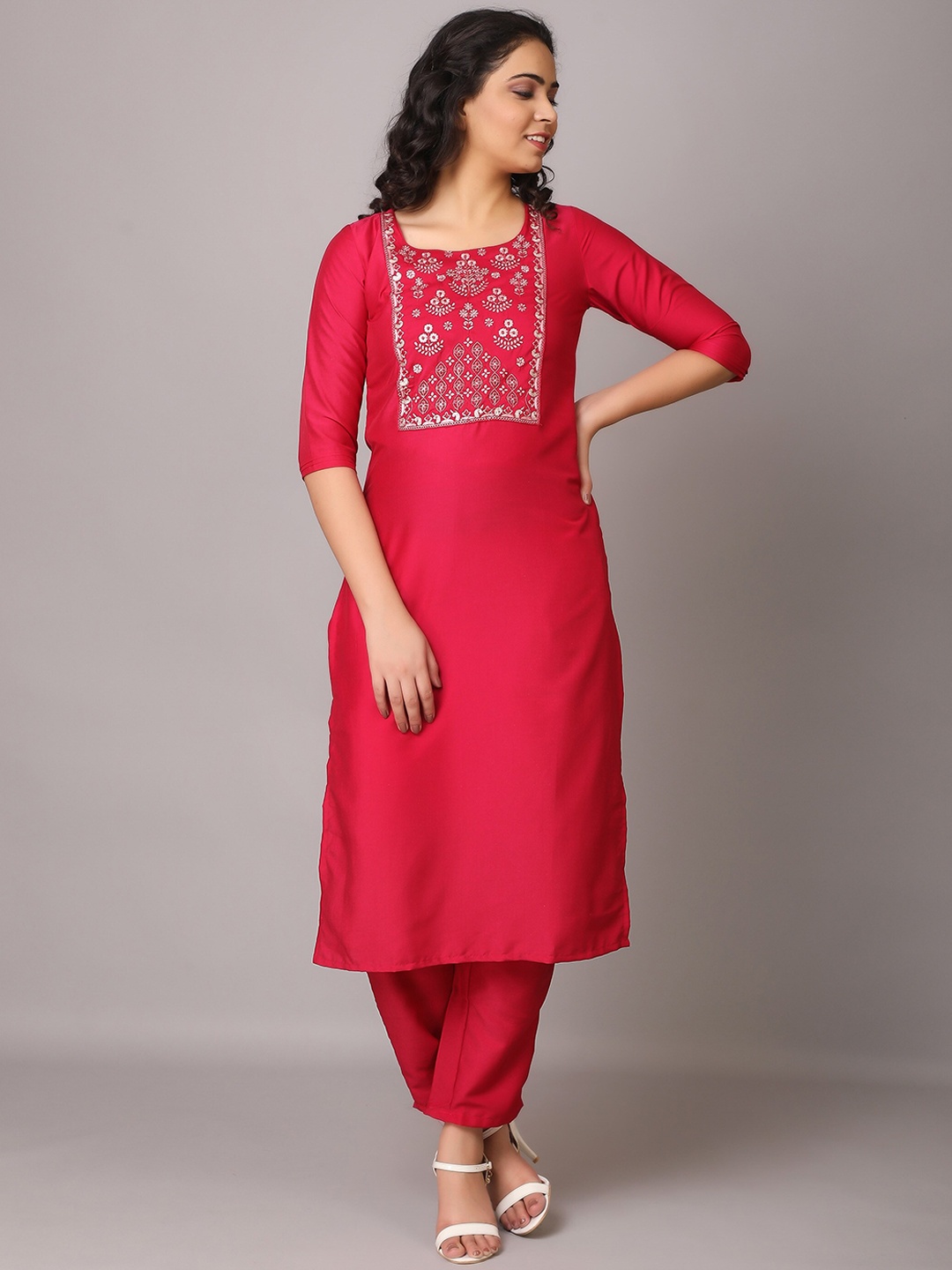 

V TRADITION Women Ethnic Motifs Embroidered Thread Work Kurta with Trousers & Dupatta, Red