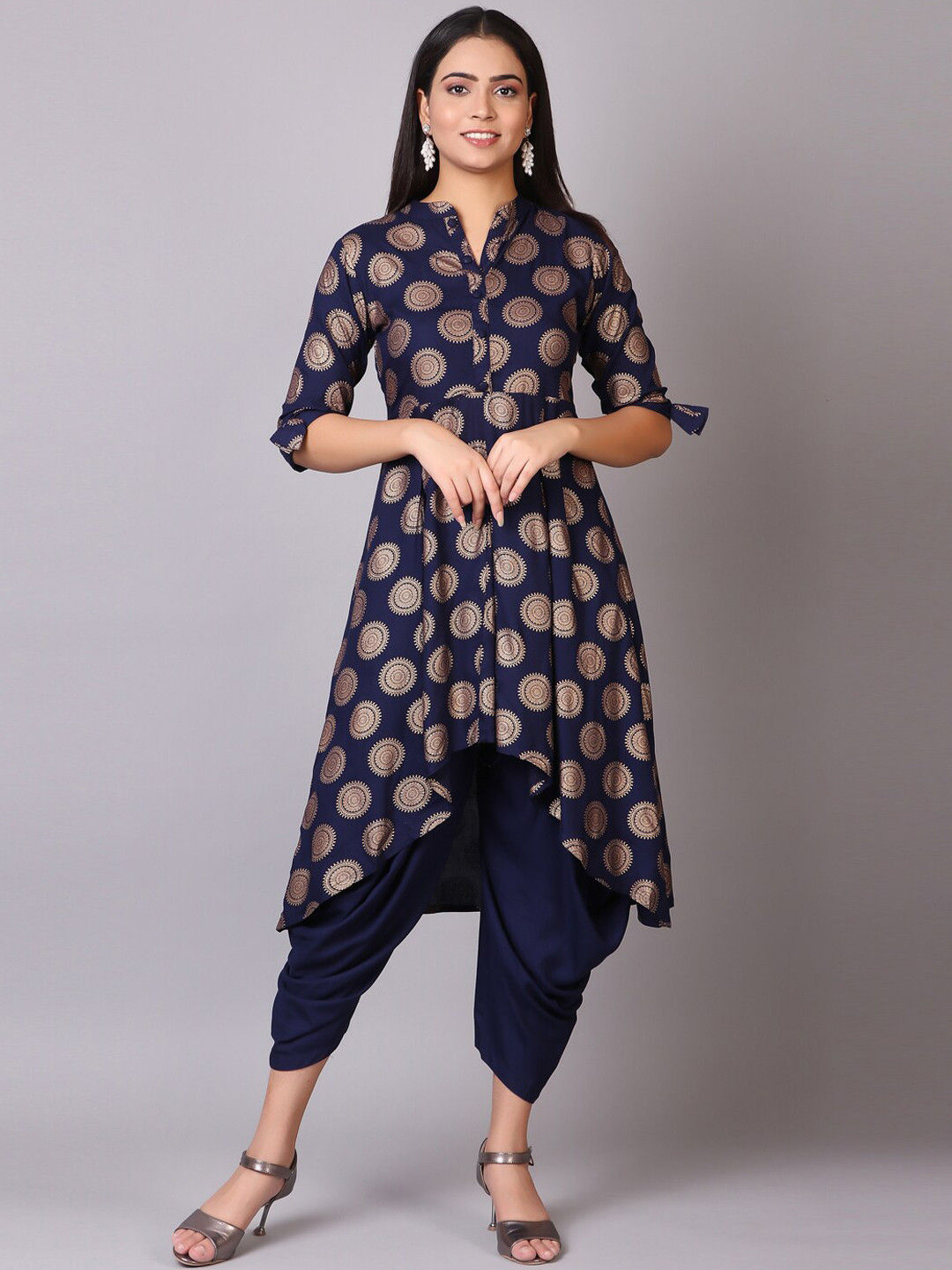

V TRADITION Women Ethnic Motifs Printed Empire Kurta with Dhoti Pants, Navy blue