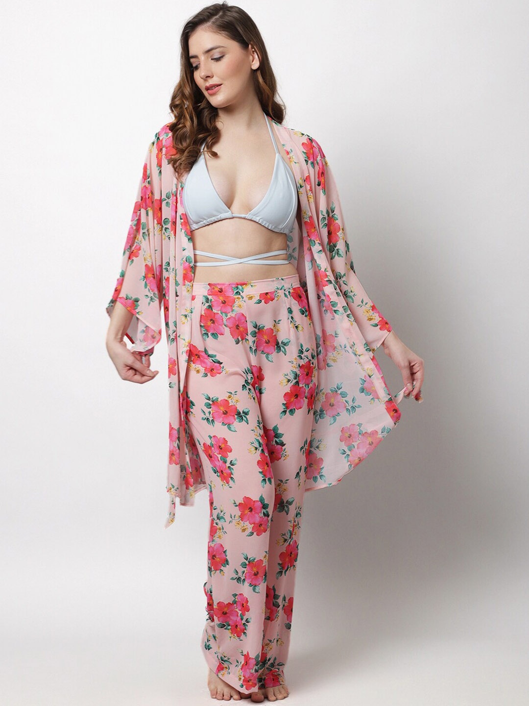 

EROTISSCH Women Floral Printed Robe & Palazzo Swim Set, Pink