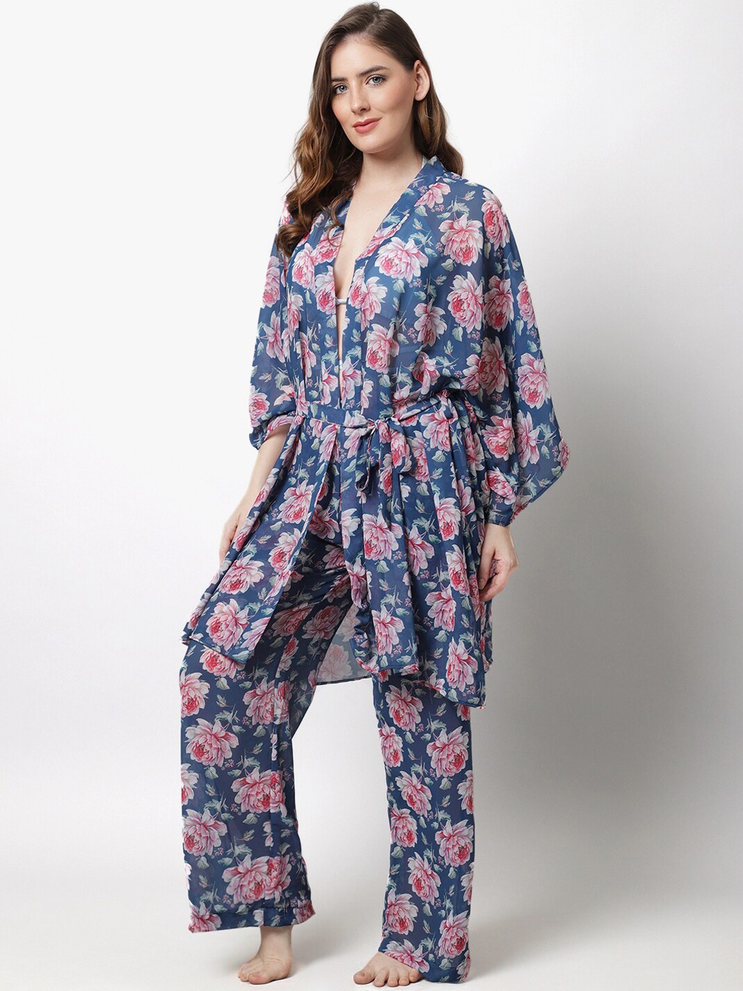 

EROTISSCH Women Floral Printed Robe & Palazzo Swim Set, Blue