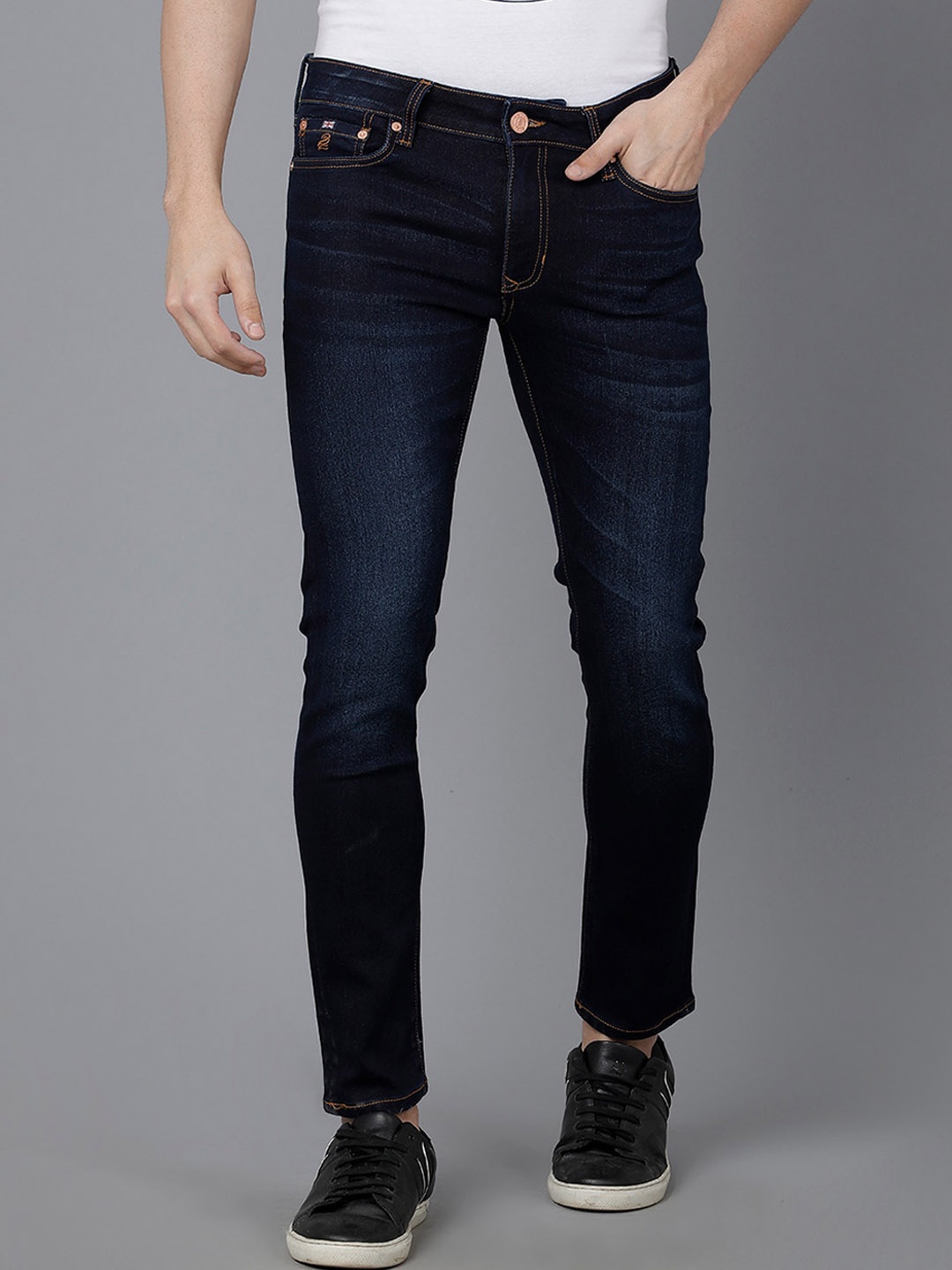 

Double Two Men Lean Slim Fit Low-Rise Light Fade Stretchable Jeans, Navy blue
