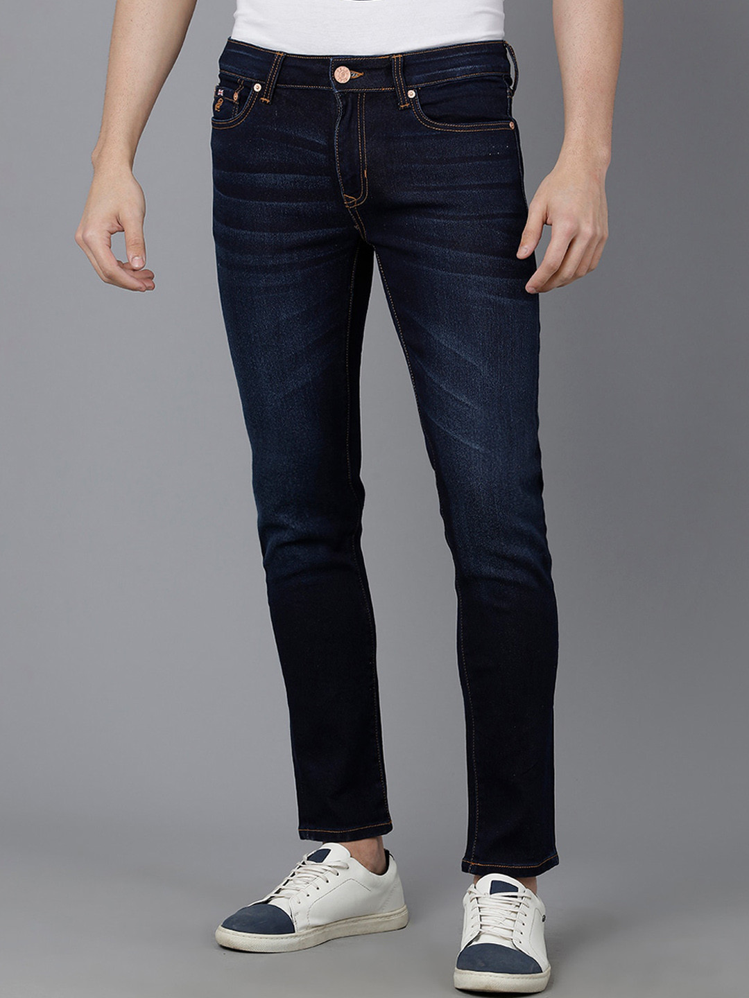 

Double Two Men Lean Slim Fit Low-Rise Light Fade Stretchable Jeans, Navy blue