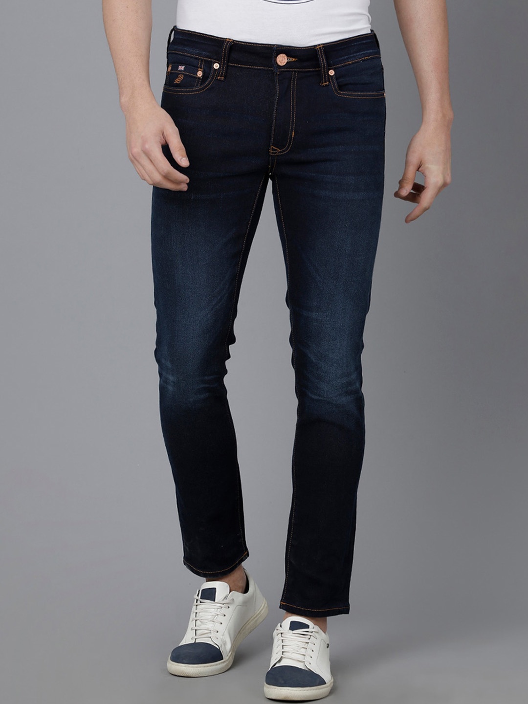

Double Two Men Lean Slim Fit Low-Rise Light Fade Stretchable Jeans, Navy blue