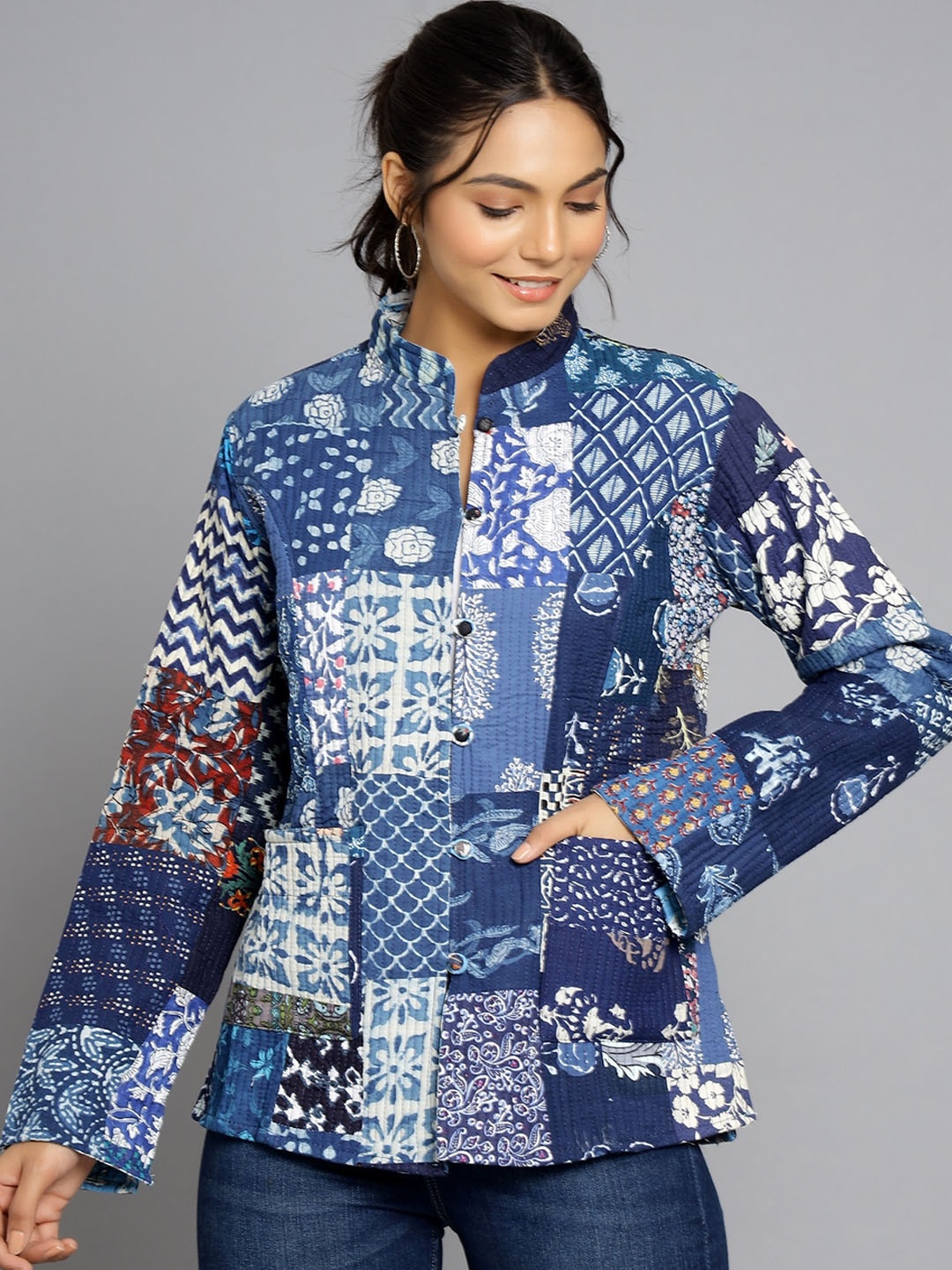 

HANDICRAFT PALACE Women Printed Cotton Tailored Jacket, Blue