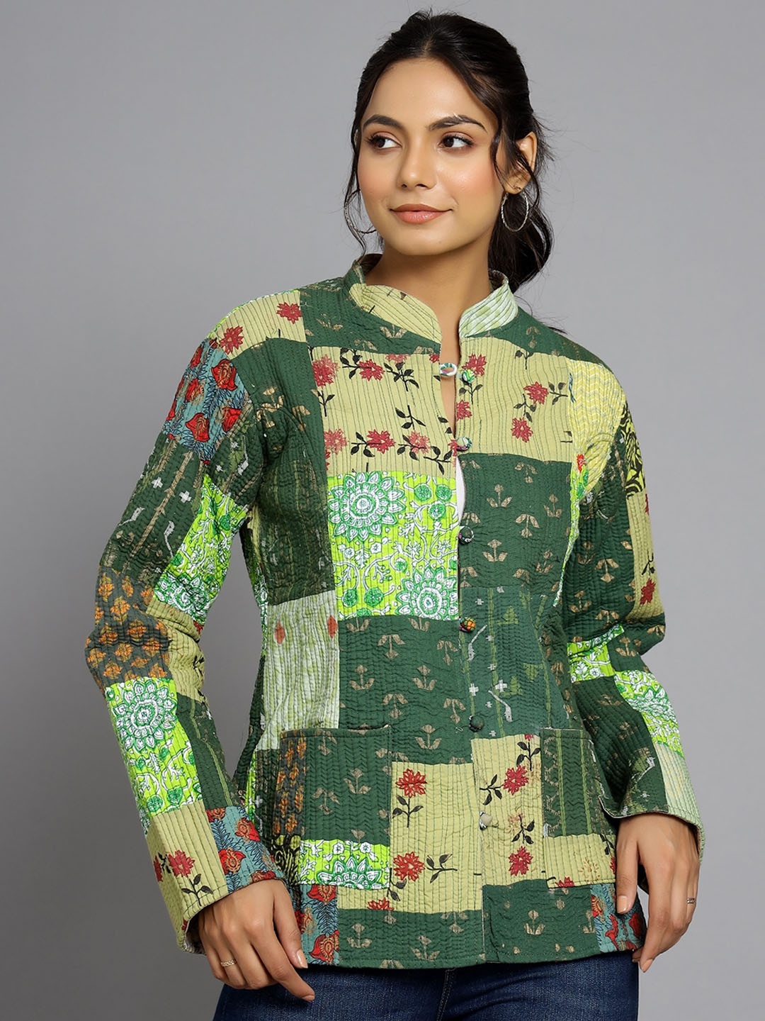 

HANDICRAFT PALACE Women Green Floral Reversible Longline Tailored Jacket
