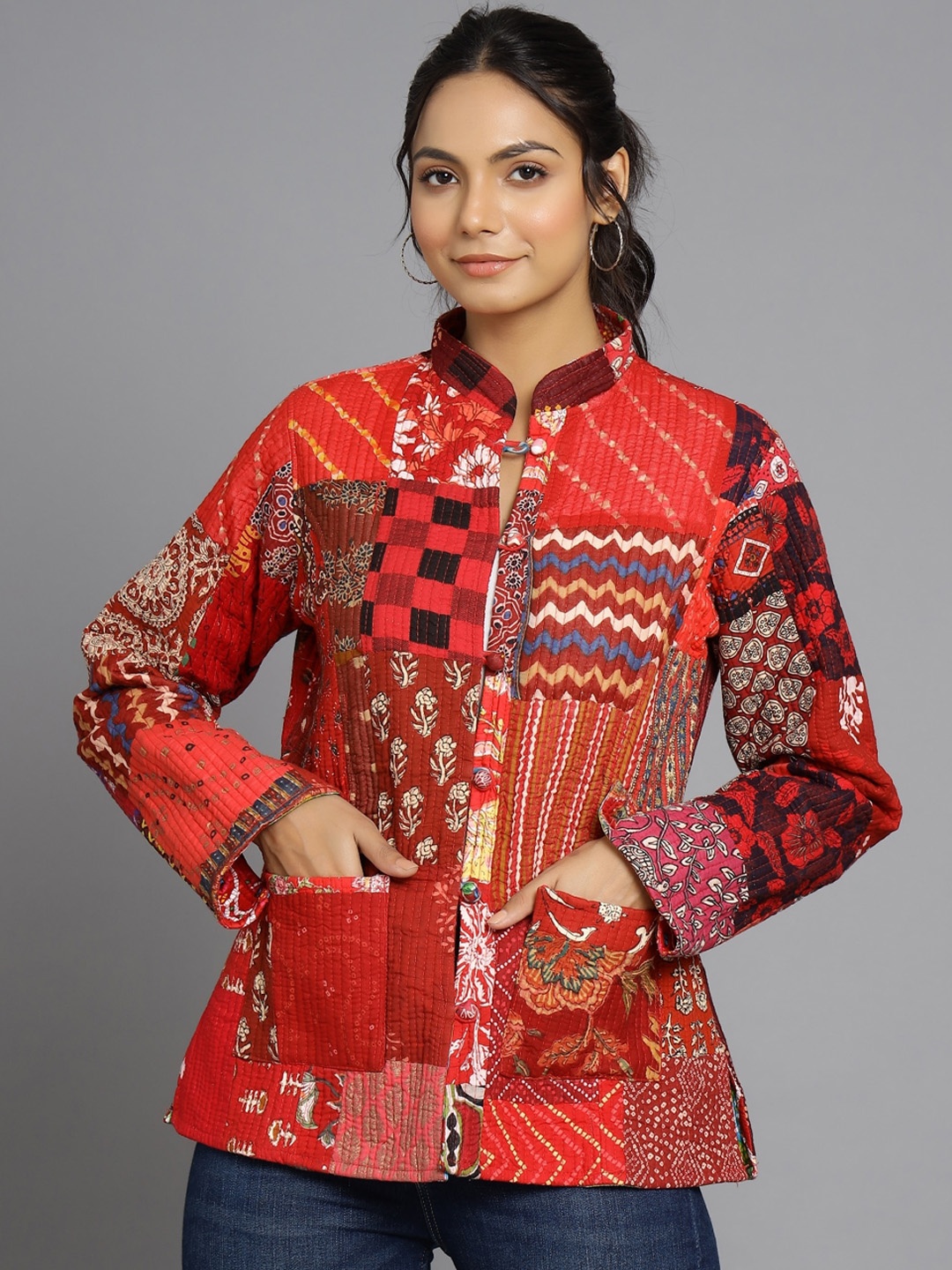 

HANDICRAFT PALACE Women Red Floral Reversible Tailored Jacket