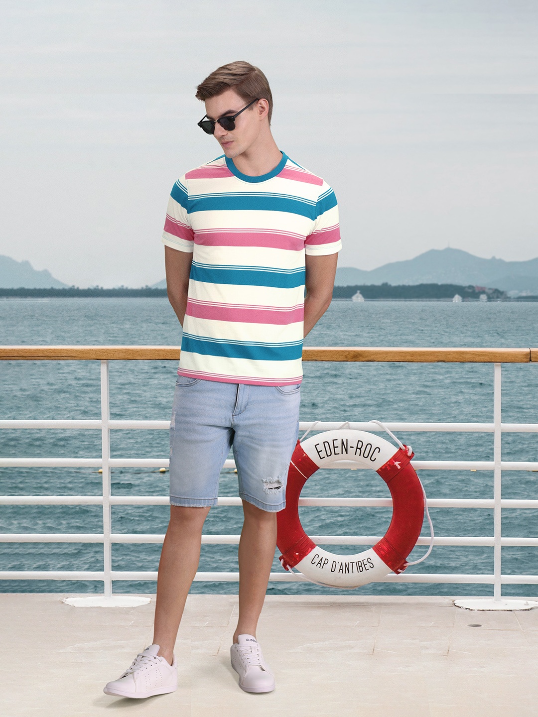 

Mast & Harbour Striped Round-Neck Casual T-shirt, Pink