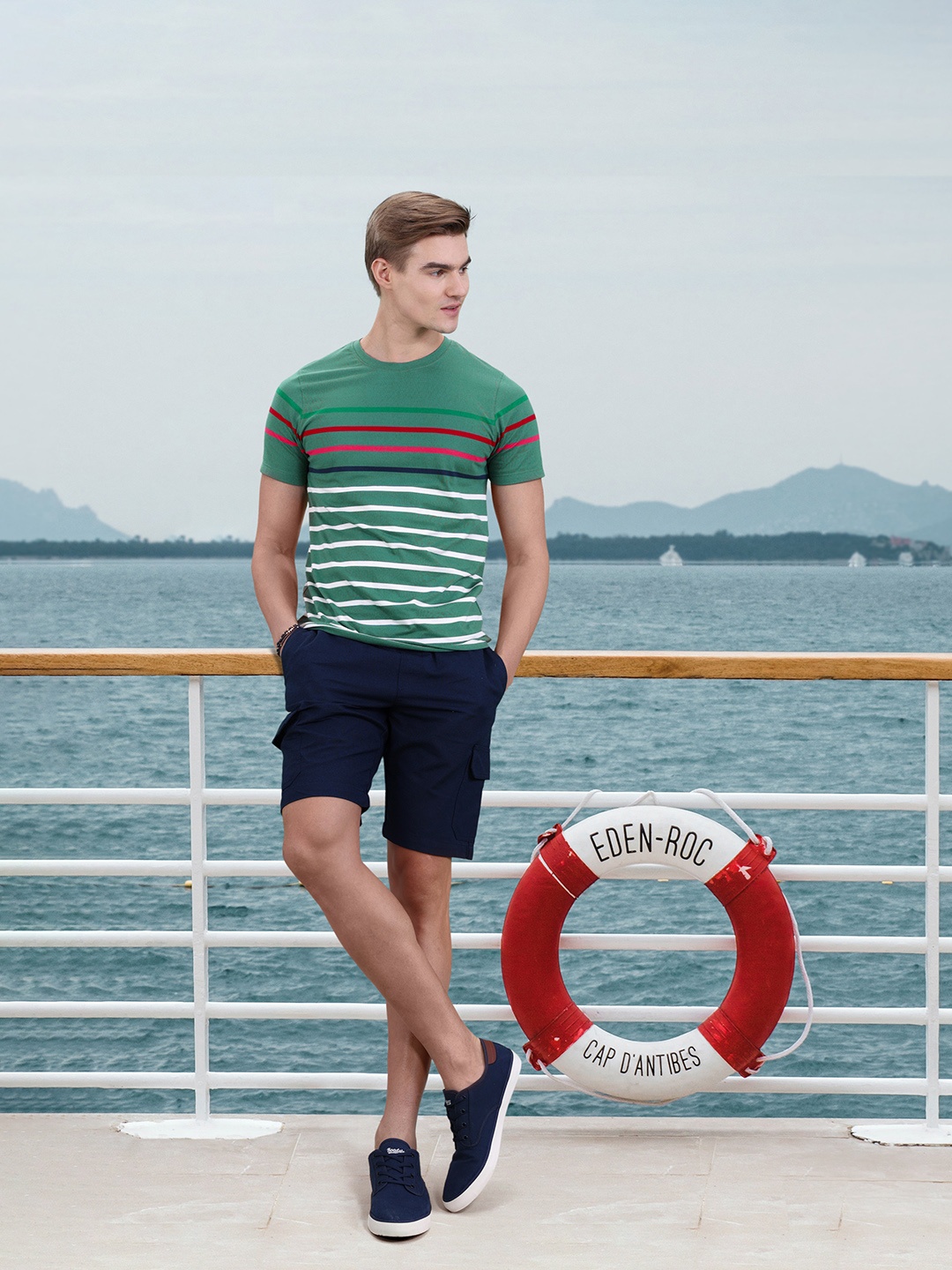 

Mast & Harbour Striped Round-Neck Casual T-shirt, Olive