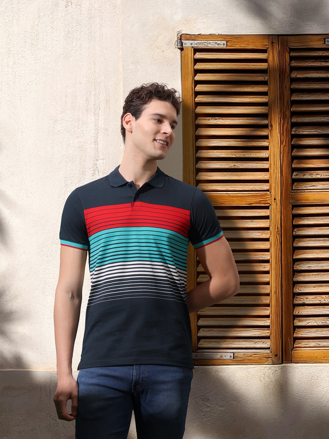 

Mast & Harbour Striped Polo Collar Casual T-shirt, Navy blue
