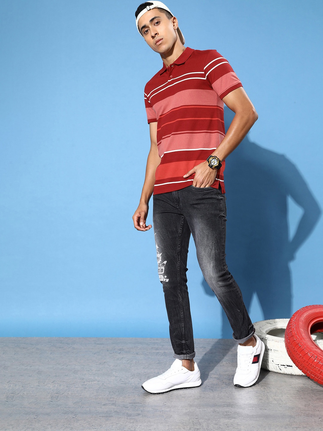 

Mast & Harbour Striped Polo-Collar Casual T-shirt, Red