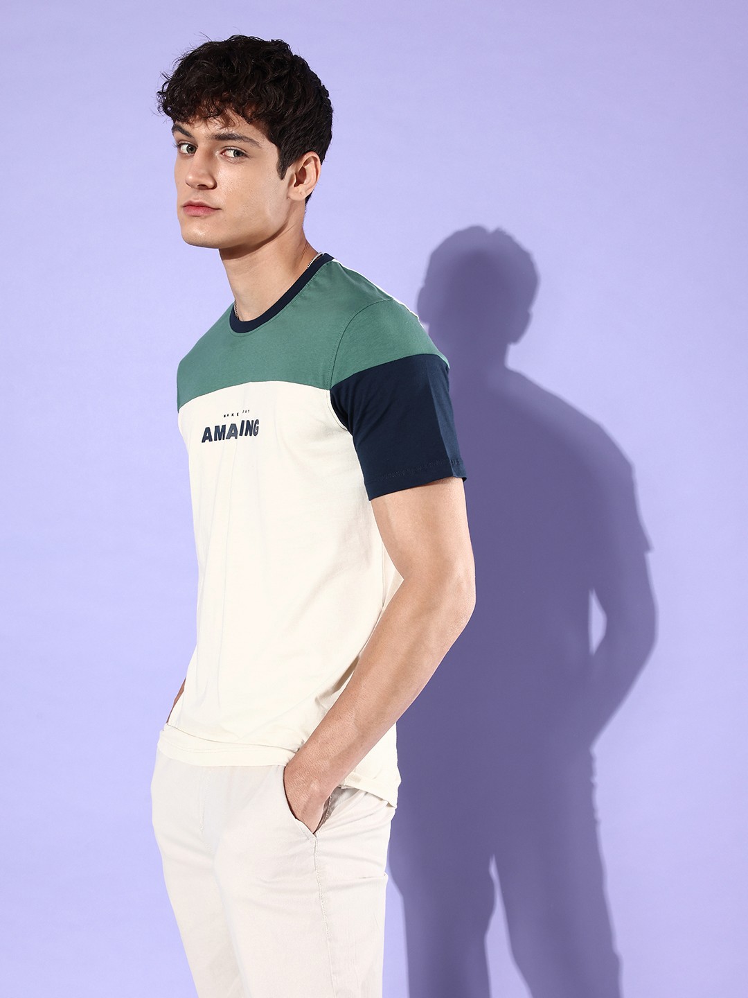 

Mast & Harbour Pale Off White & Green Typography Patched & Panelled Pure Cotton T-shirt