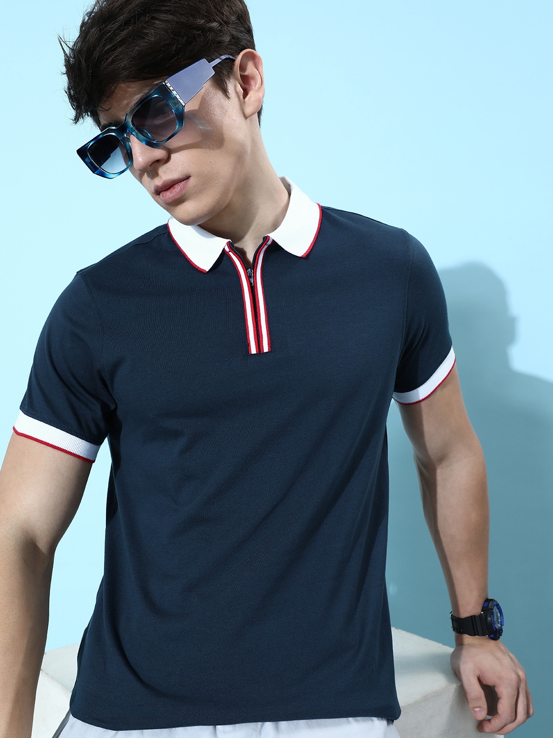 

Mast & Harbour Men Dashing Navy Blue Love is in the Air Polo Collar T-shirt