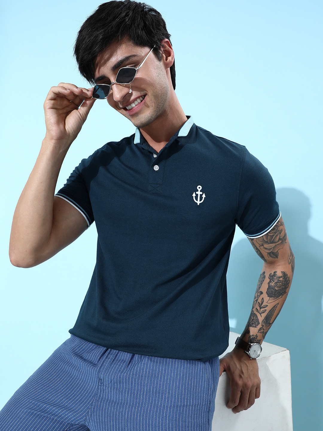 

Mast & Harbour Men Modish Navy Blue Love is in the Air Henley Neck T-shirt