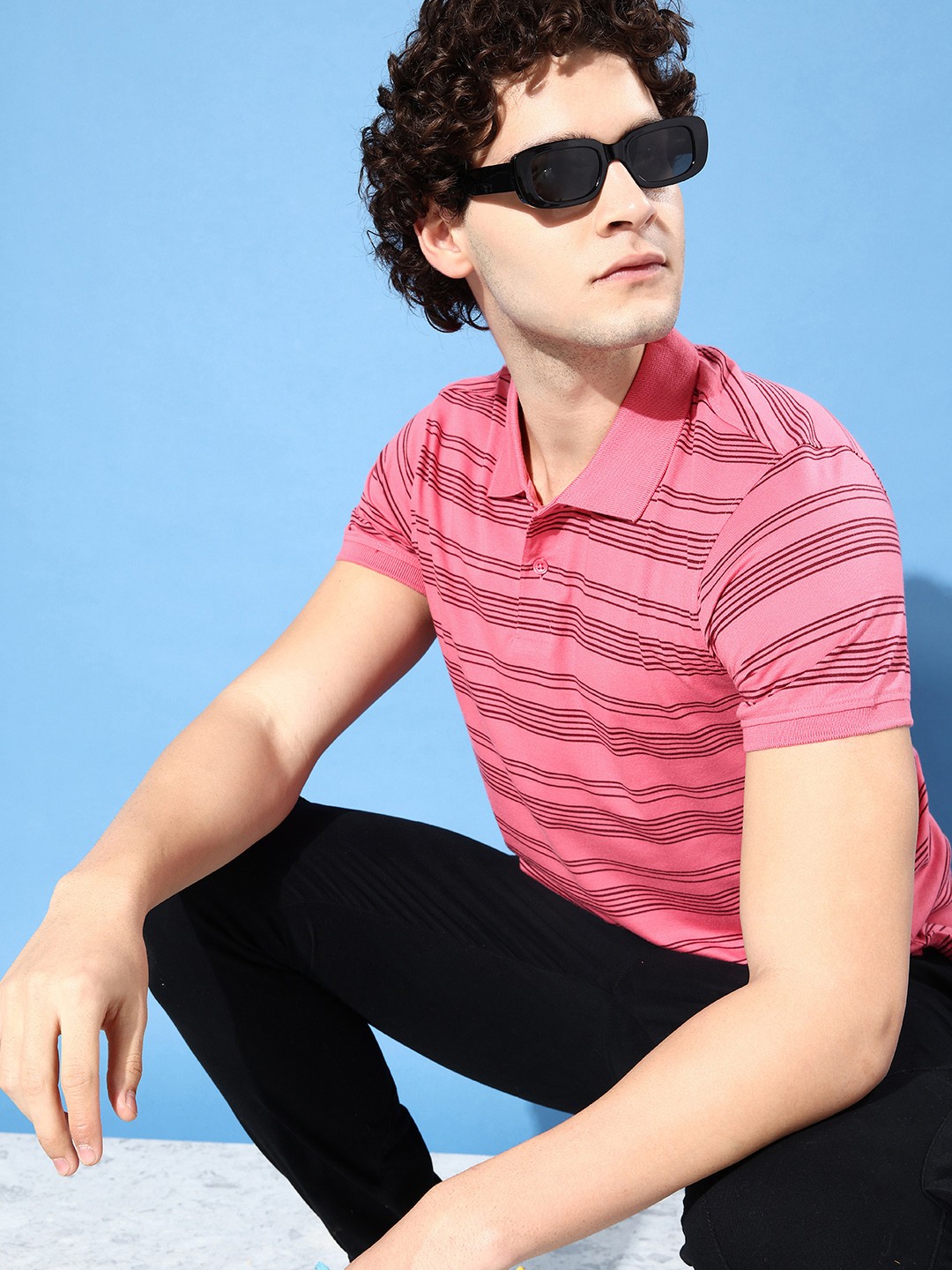 

Mast & Harbour Striped Polo Collar Casual T-shirt, Pink