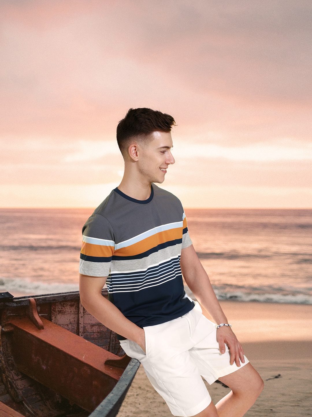 

Mast & Harbour Striped Round-Neck Casual T-shirt, Grey
