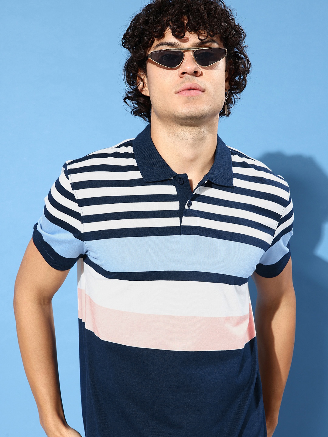 

Mast & Harbour Striped Polo Collar Casual T-shirt, Navy blue