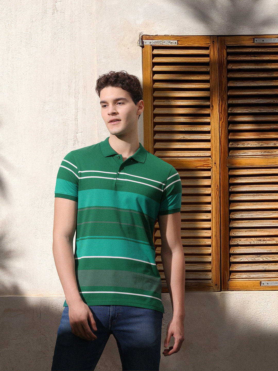 

Mast & Harbour Striped Polo Collar Casual T-shirt, Green