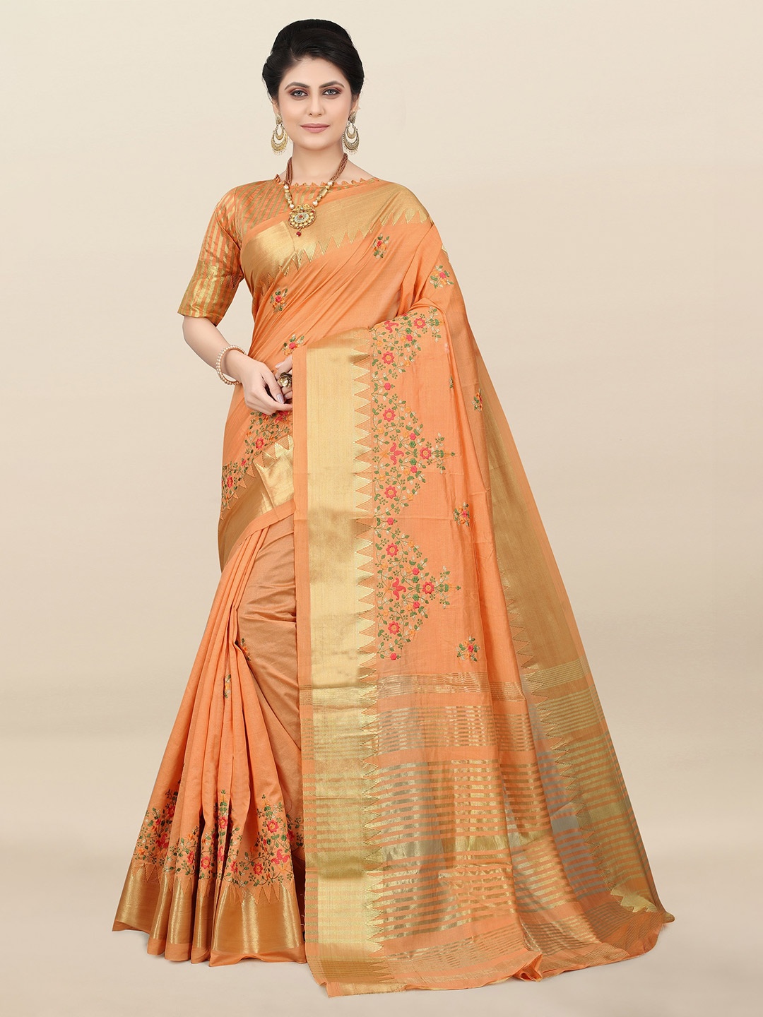 

SERONA FABRICS Floral Embroidered Silk Cotton Mysore Silk Saree, Orange