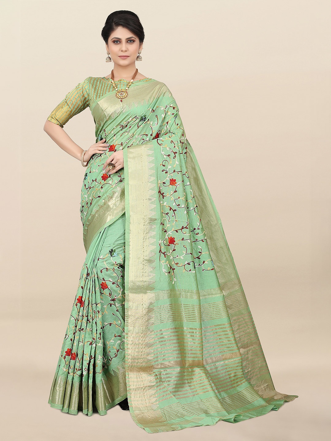 

SERONA FABRICS Floral Embroidered Silk Cotton Mysore Silk Saree, Green