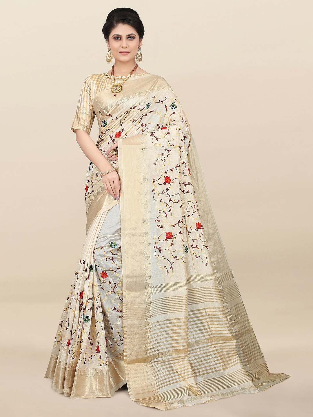 

SERONA FABRICS Floral Embroidered Silk Cotton Mysore Silk Saree, Off white