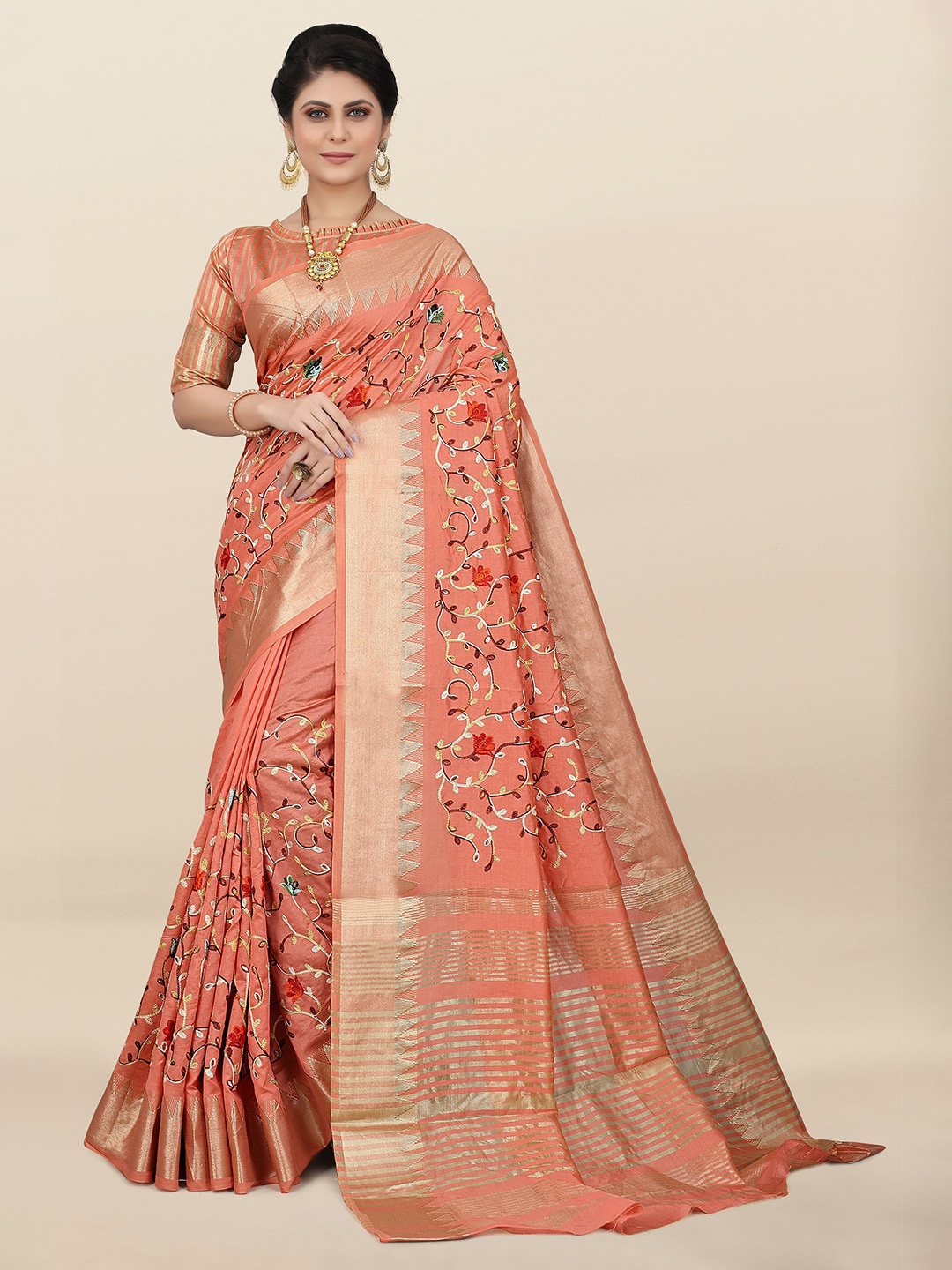 SERONA FABRICS Embroidered Silk Cotton Mysore Silk Saree, Pink
