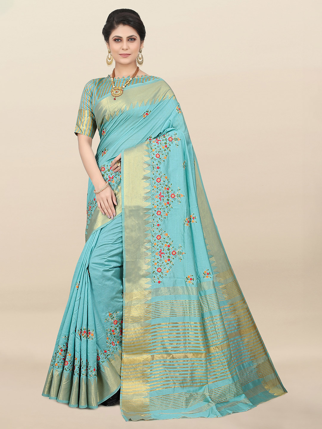 

SERONA FABRICS Floral Embroidered Silk Cotton Mysore Silk Saree, Blue