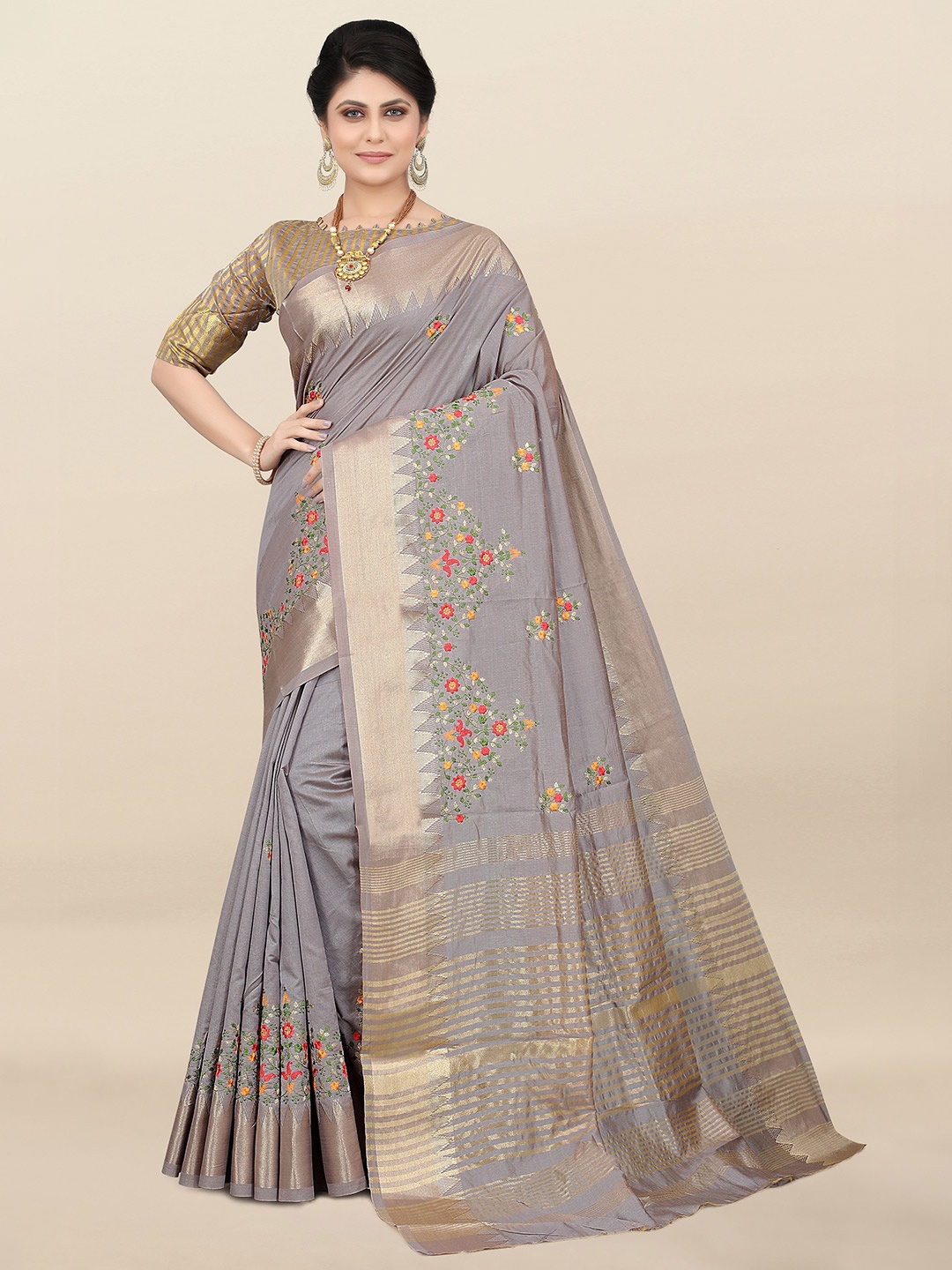 

SERONA FABRICS Floral Embroidered Silk Cotton Mysore Silk Saree, Grey